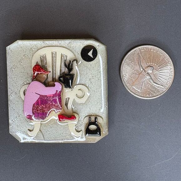 Designs by Lucinda Pin Brooch Lady in Chair Drinking Coffee 1.75" - Picture 2 of 3